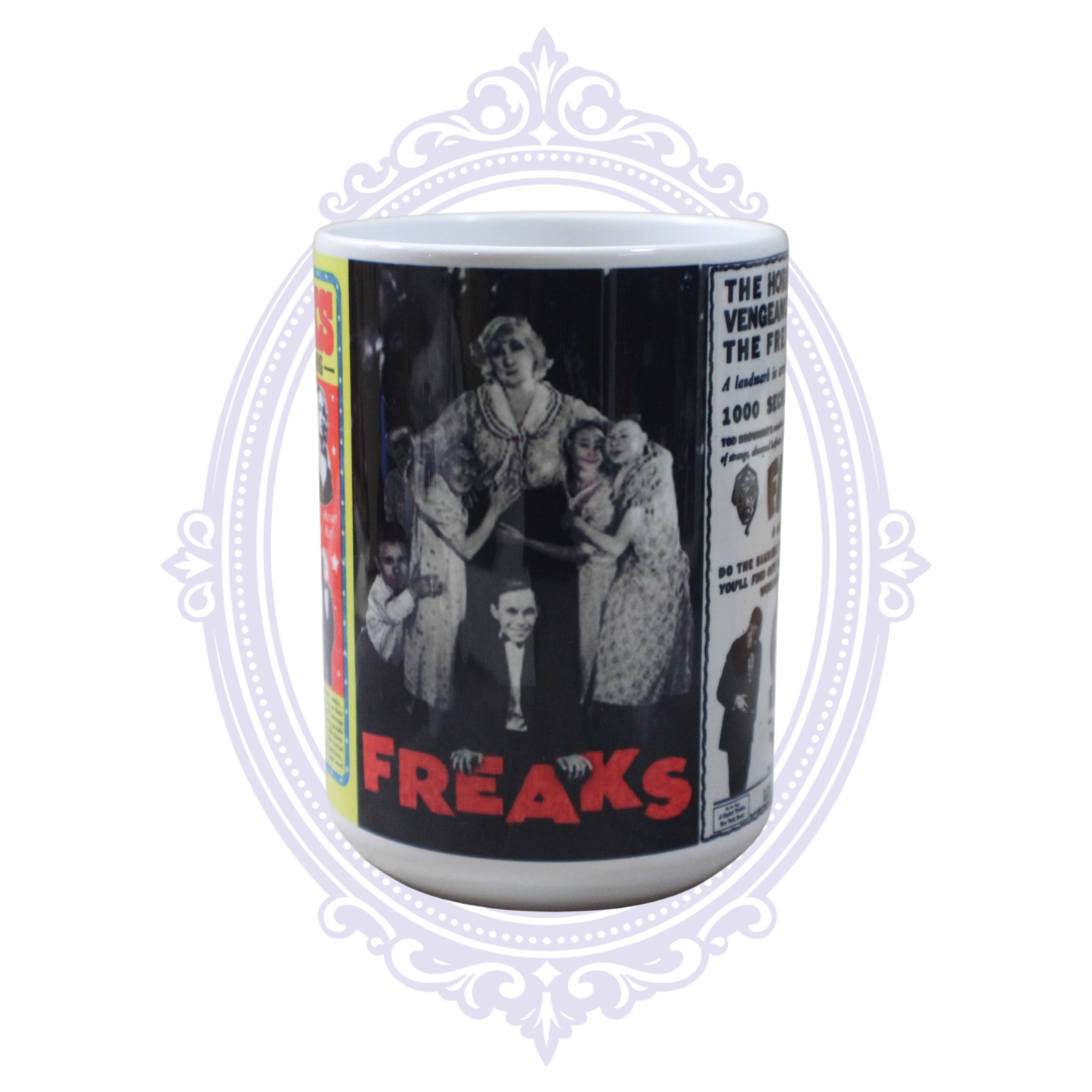 Freaks ceramic mug featuring black-and-white imagery from the classic 1932 Tod Browning film.