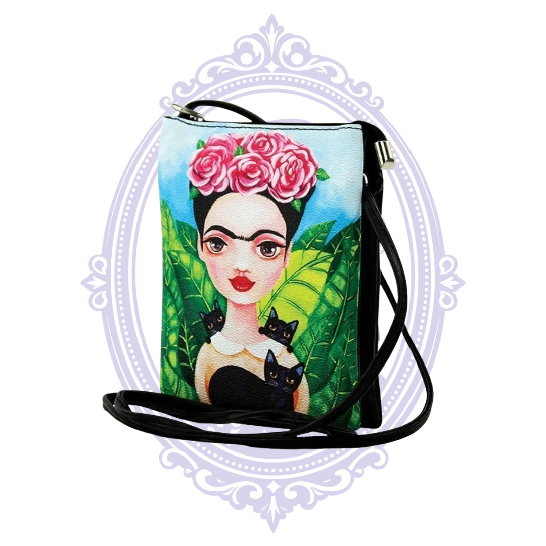 Frida-inspired floral portrait crossbody purse with black cats and long black strap