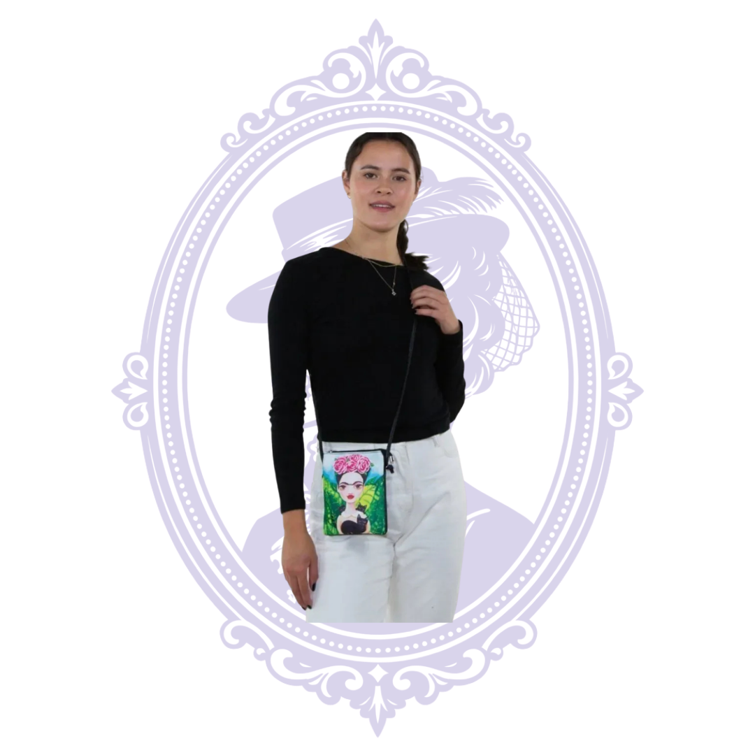 Model wearing Frida-inspired black cats floral crossbody bag front view