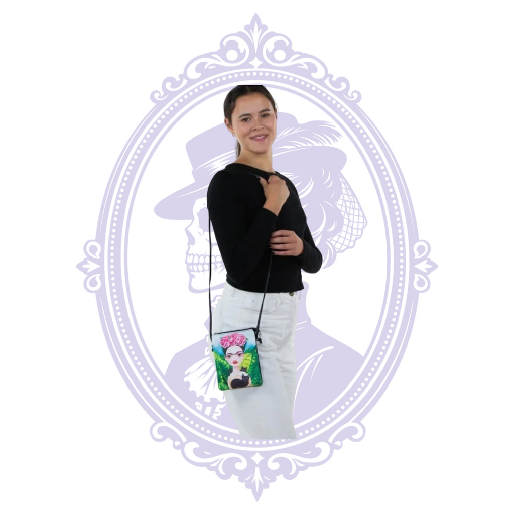 Side view of model wearing colorful Frida-inspired black cats crossbody purse