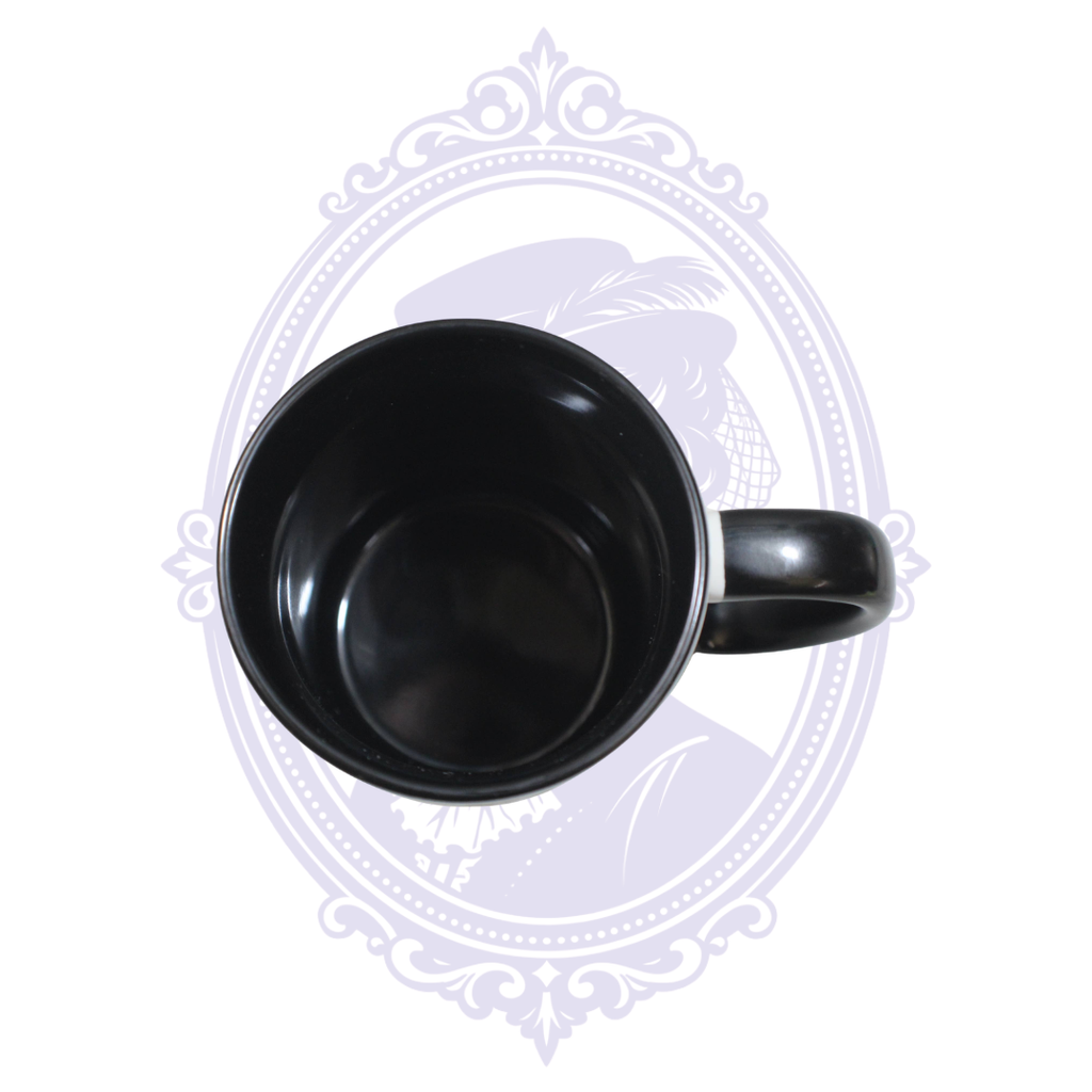 Top view of 15 oz General Mills Monster Cereals ceramic mug showing black interior and black handle.