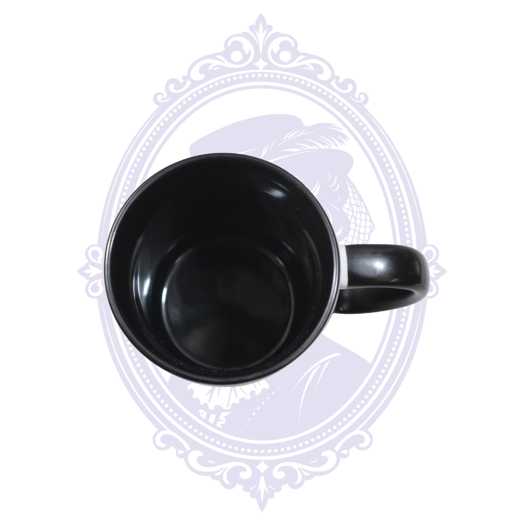 Top view of 15 oz General Mills Monster Cereals ceramic mug showing black interior and black handle.