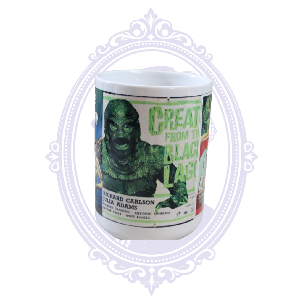 Classic Gill-man artwork from Creature from the Black Lagoon displayed on a 15 oz horror coffee mug.