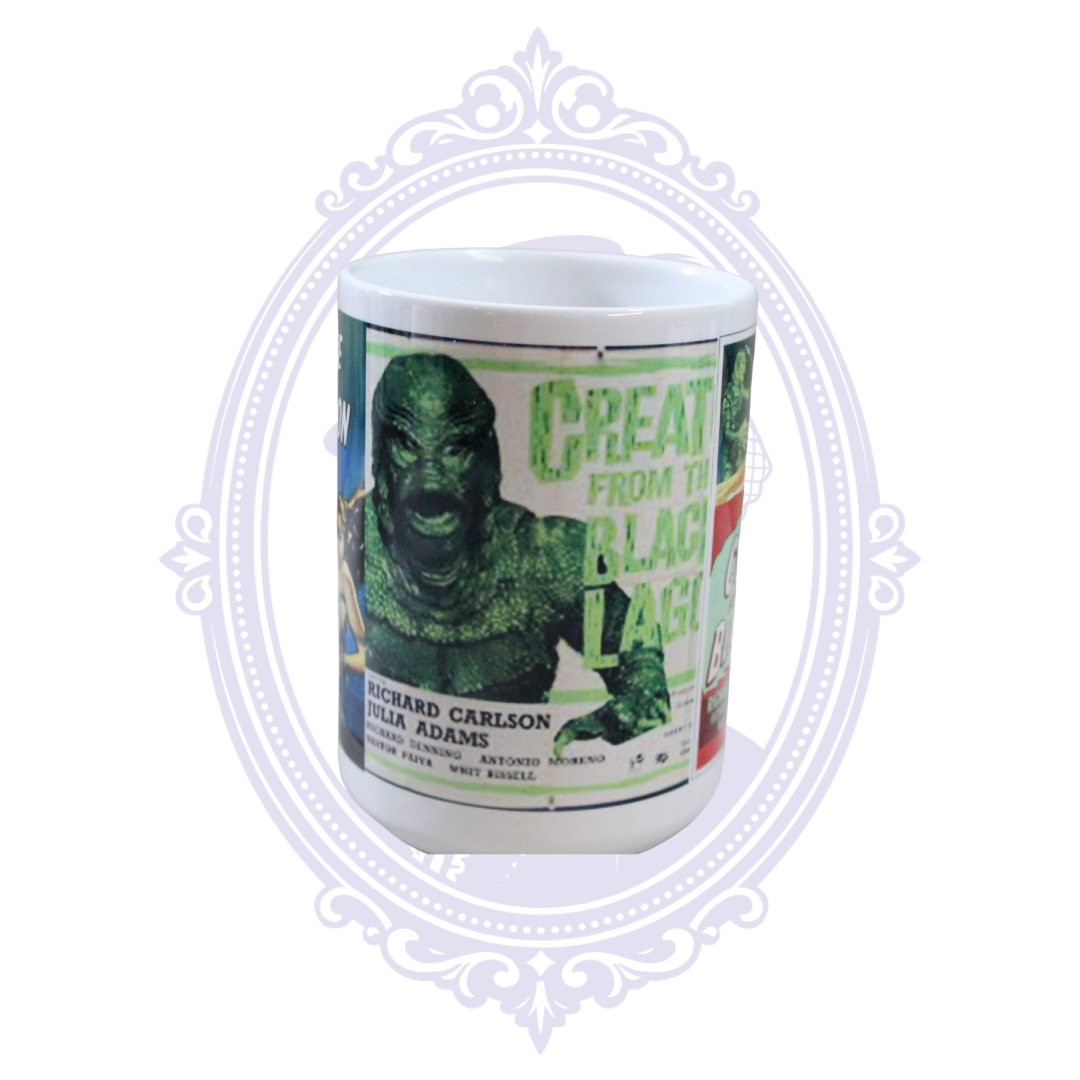 Classic Gill-man artwork from Creature from the Black Lagoon displayed on a 15 oz horror coffee mug.