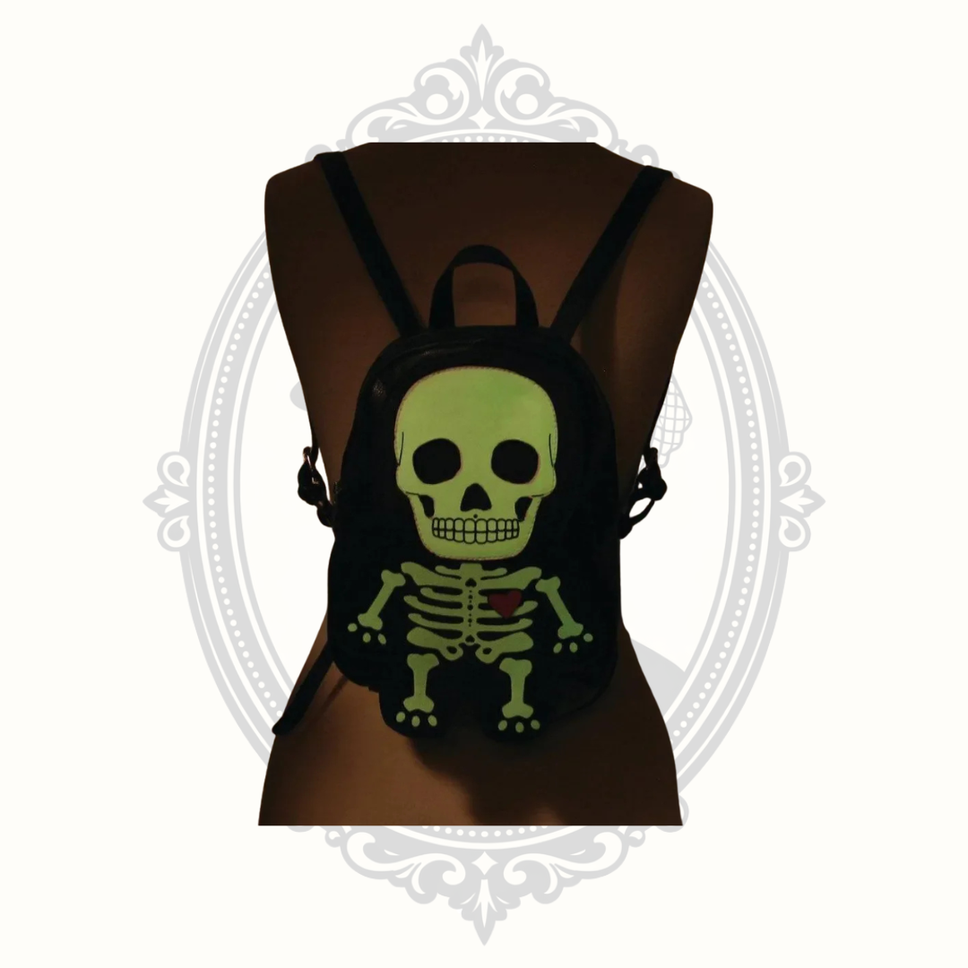 Glow-in-the-Dark Skeleton Mini Backpack – Black Vinyl Gothic Bag