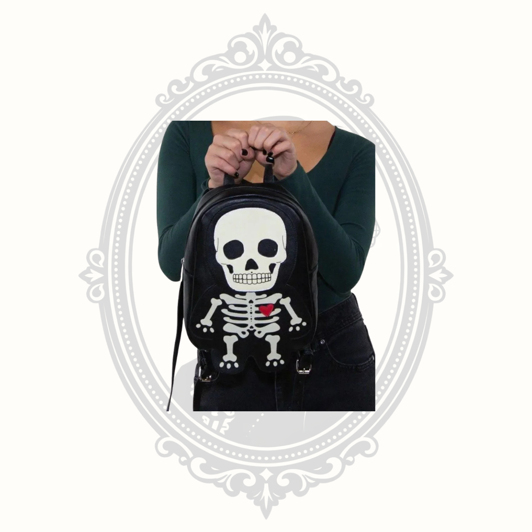 Glow-in-the-Dark Skeleton Mini Backpack – Black Vinyl Gothic Bag