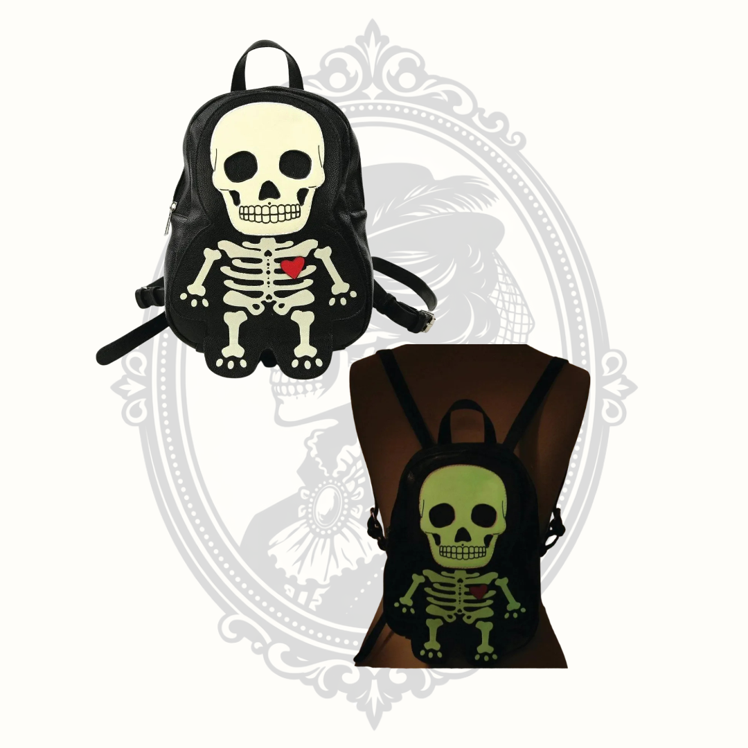 Glow-in-the-Dark Skeleton Mini Backpack – Black Vinyl Gothic Bag
