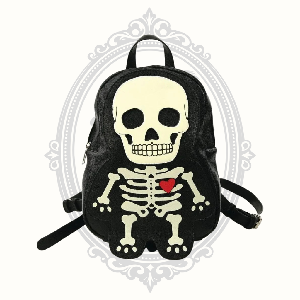 Glow-in-the-Dark Skeleton Mini Backpack – Black Vinyl Gothic Bag