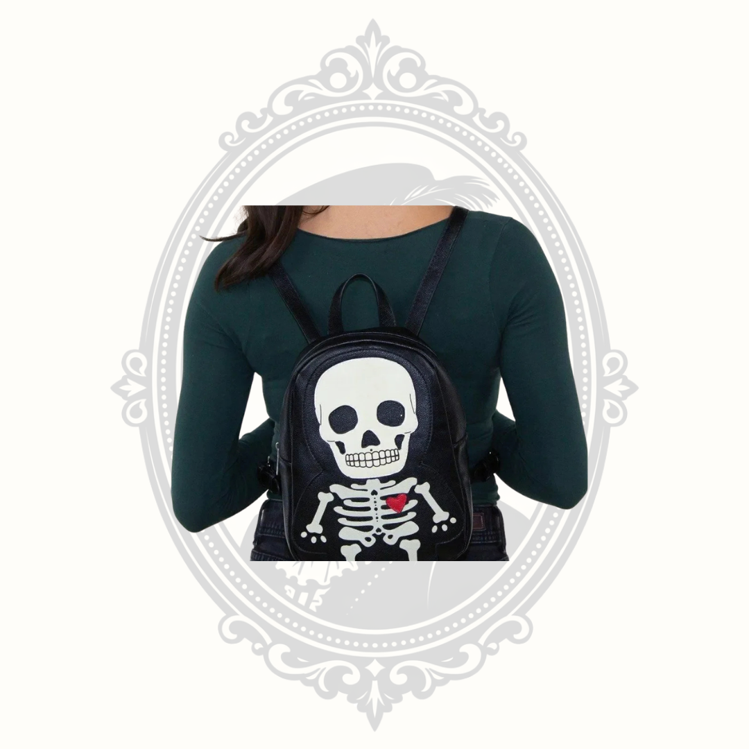 Glow-in-the-Dark Skeleton Mini Backpack – Black Vinyl Gothic Bag