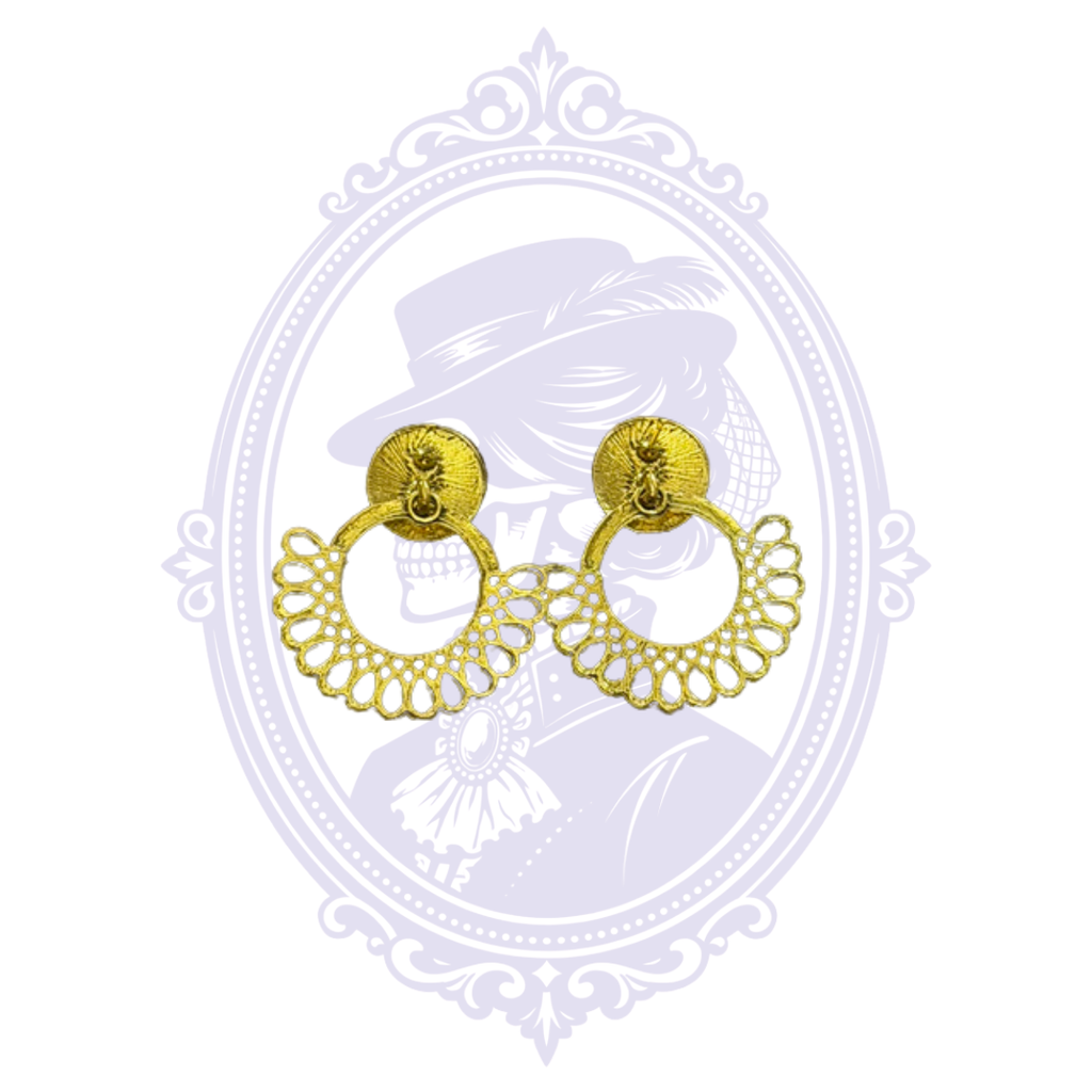 Gold-Tone Filigree Fan Drop Earrings with Pale Green Cabochons