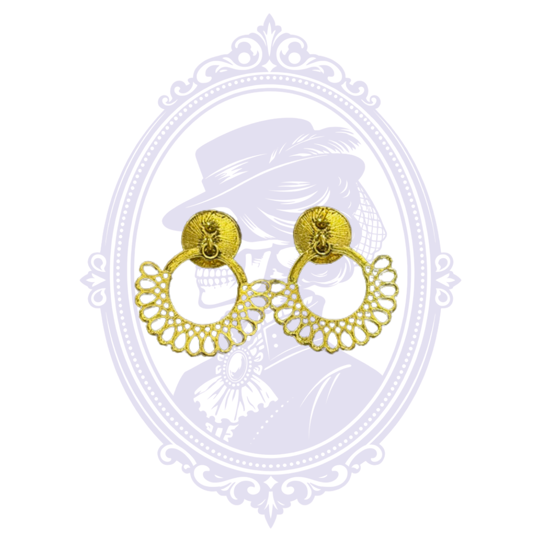 Gold-Tone Filigree Fan Drop Earrings with Pale Green Cabochons