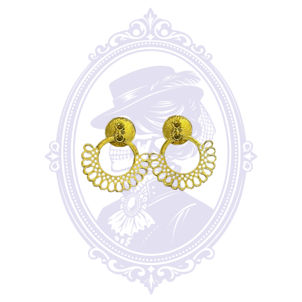 Gold-Tone Filigree Fan Drop Earrings with Pale Green Cabochons