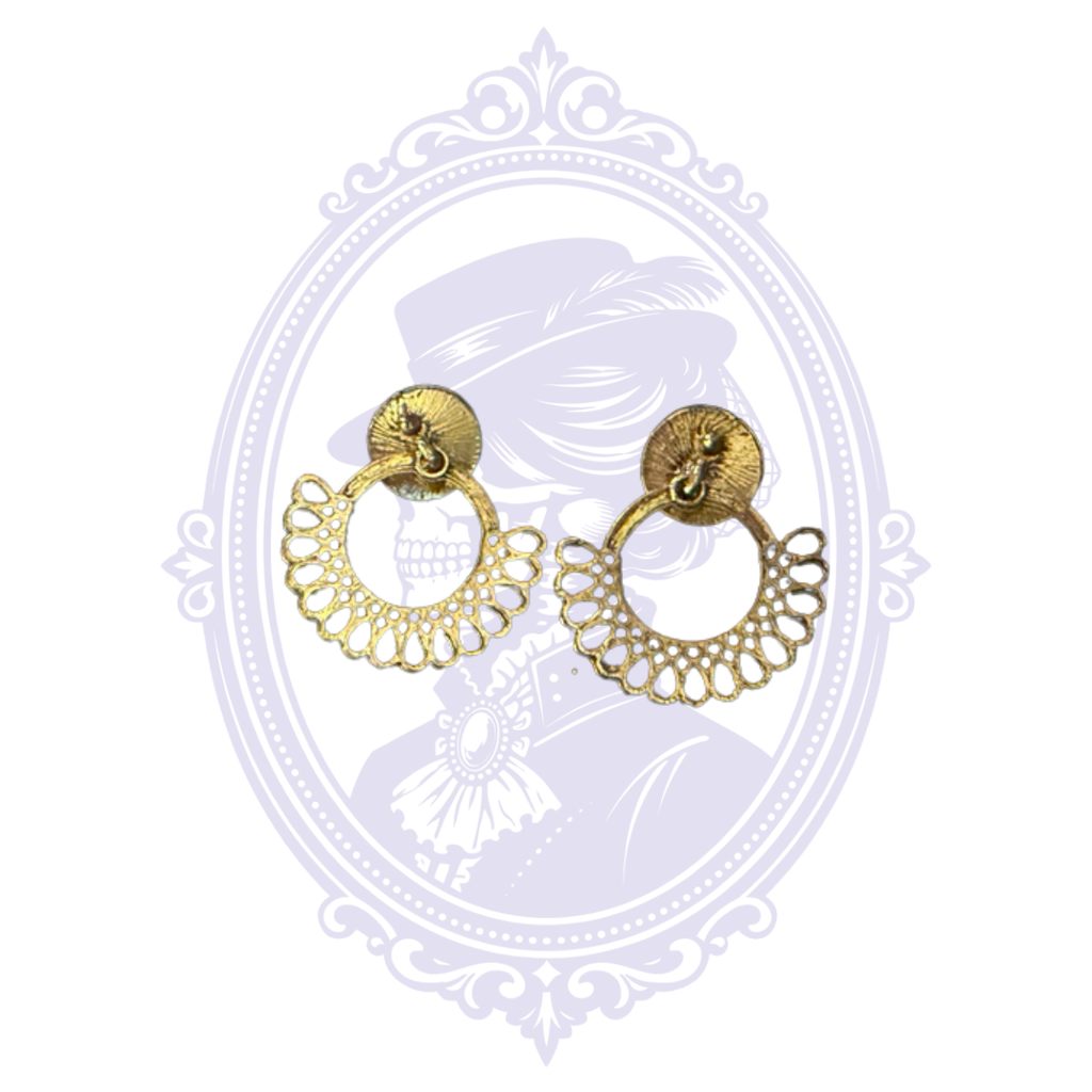 Gold-Tone Filigree Fan Drop Earrings with Pale Green Cabochons