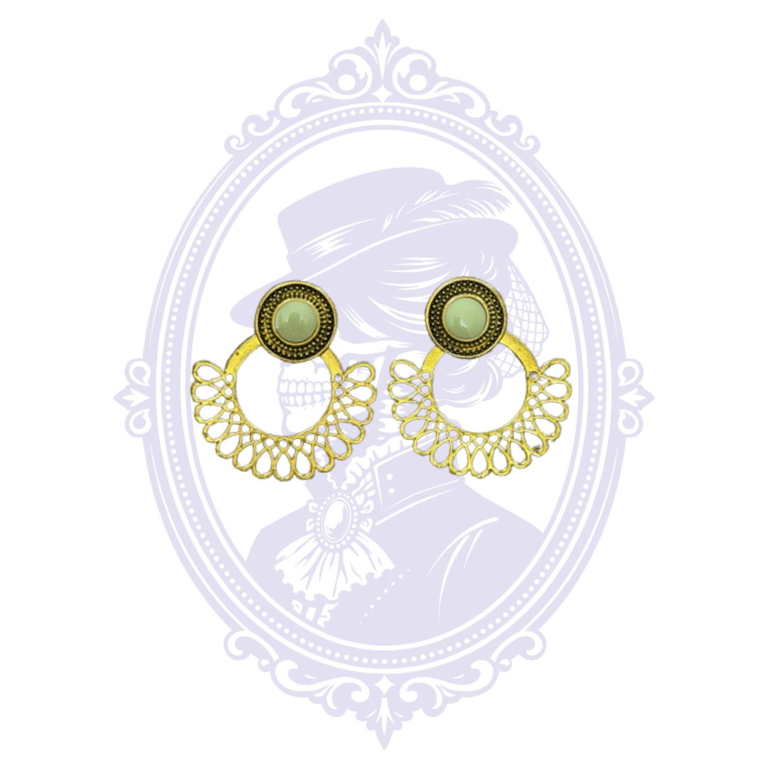 Gold-Tone Filigree Fan Drop Earrings with Pale Green Cabochons