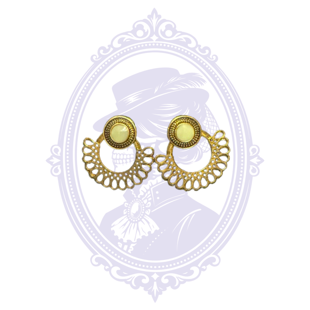 Gold-Tone Filigree Fan Drop Earrings with Pale Green Cabochons