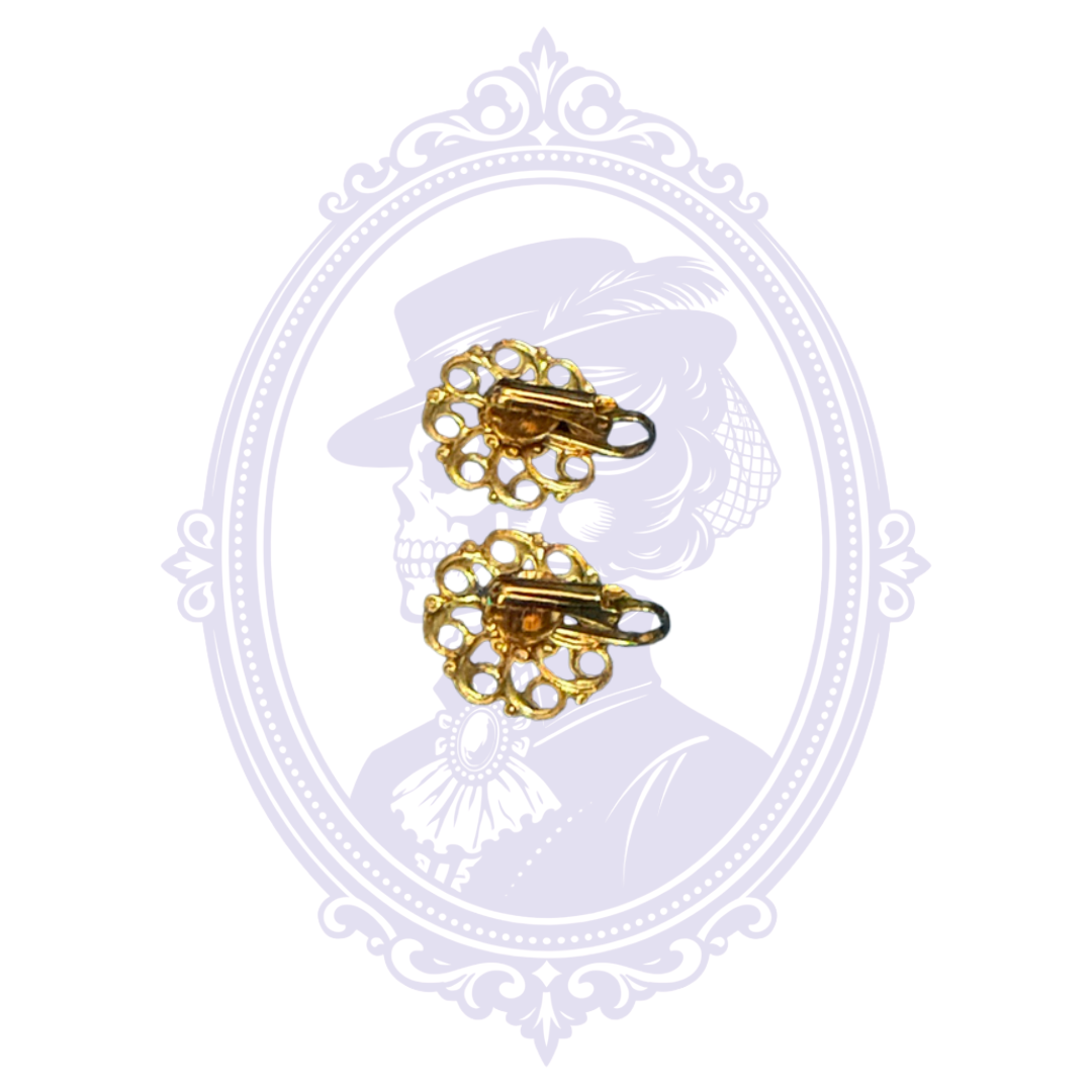 Back view of gold-tone floral earrings showing traditional clip-on earring closures.