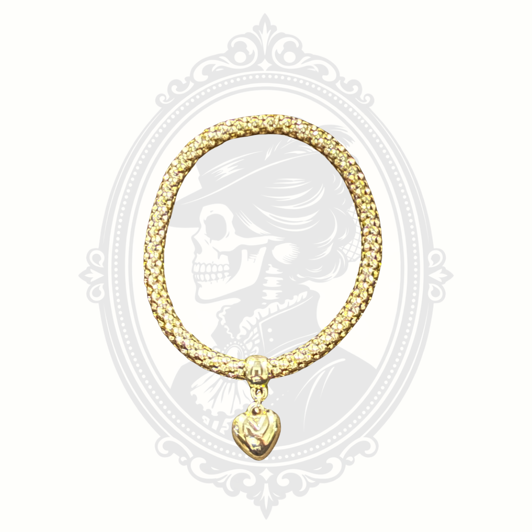 Goldtone popcorn chain bracelet with puff heart pendant, 7.5 inch length, new without tags from Mrs Bones Curio Cupboard.
