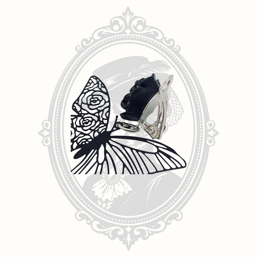 Side view showing the comfortable clip-on closure and black rose detail.
