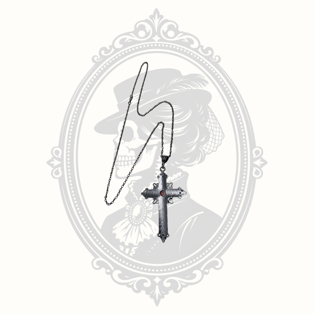 Full-length Gothic cross necklace back with long chain.