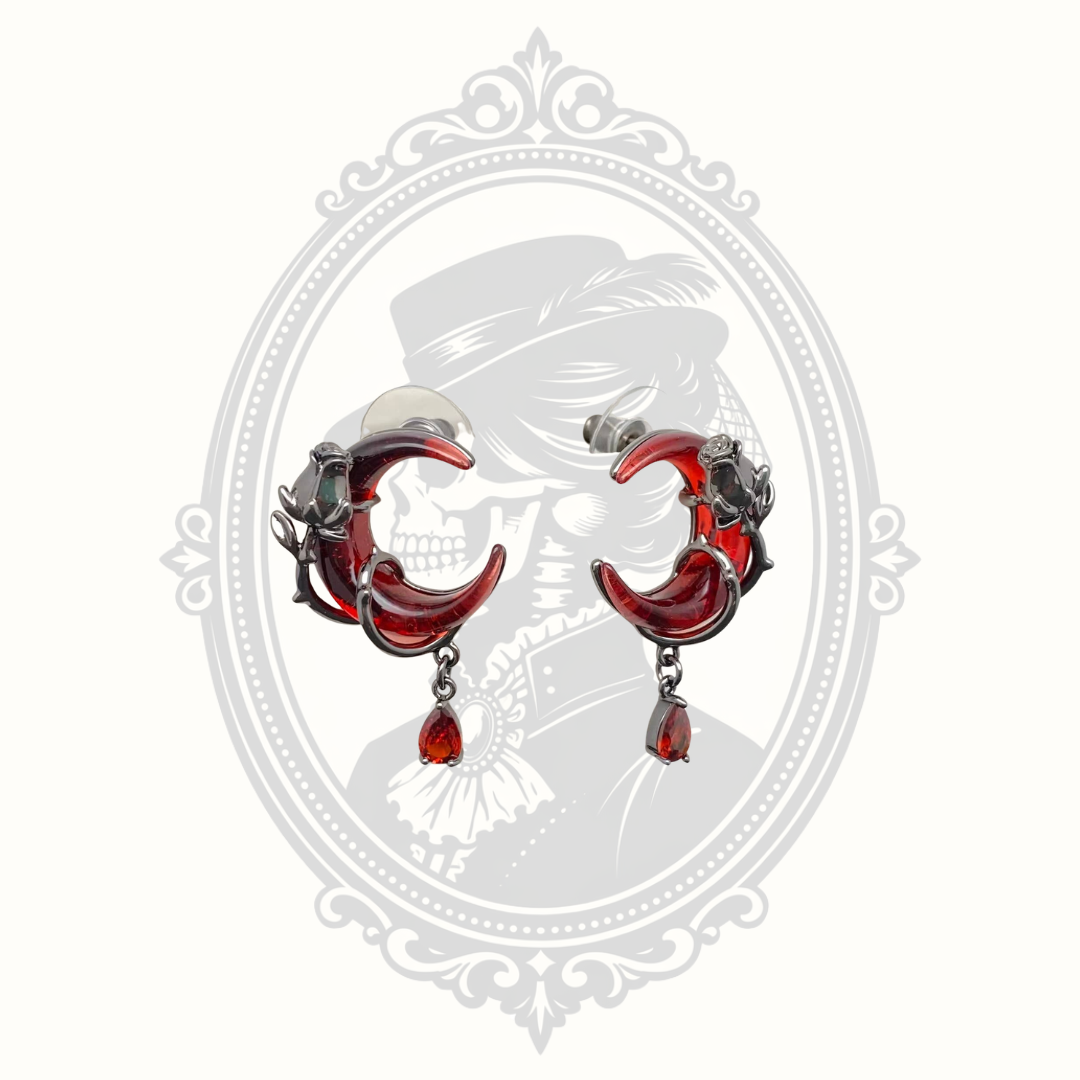 Gothic red crescent moon earrings with black rose accents