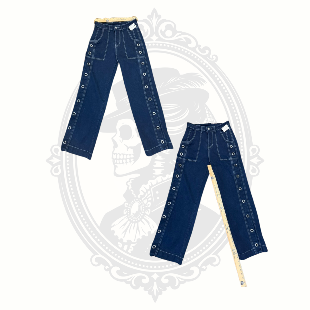 dark wash grommet jeans full layout with measurement shown straight leg denim