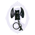 Handmade black genuine leather bat keychain with dimensional wings, metal key ring and clip
