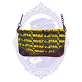 Black and yellow handmade Star Wars crossbody handbag front with repeated logo print, yellow zipper and dark lower panel