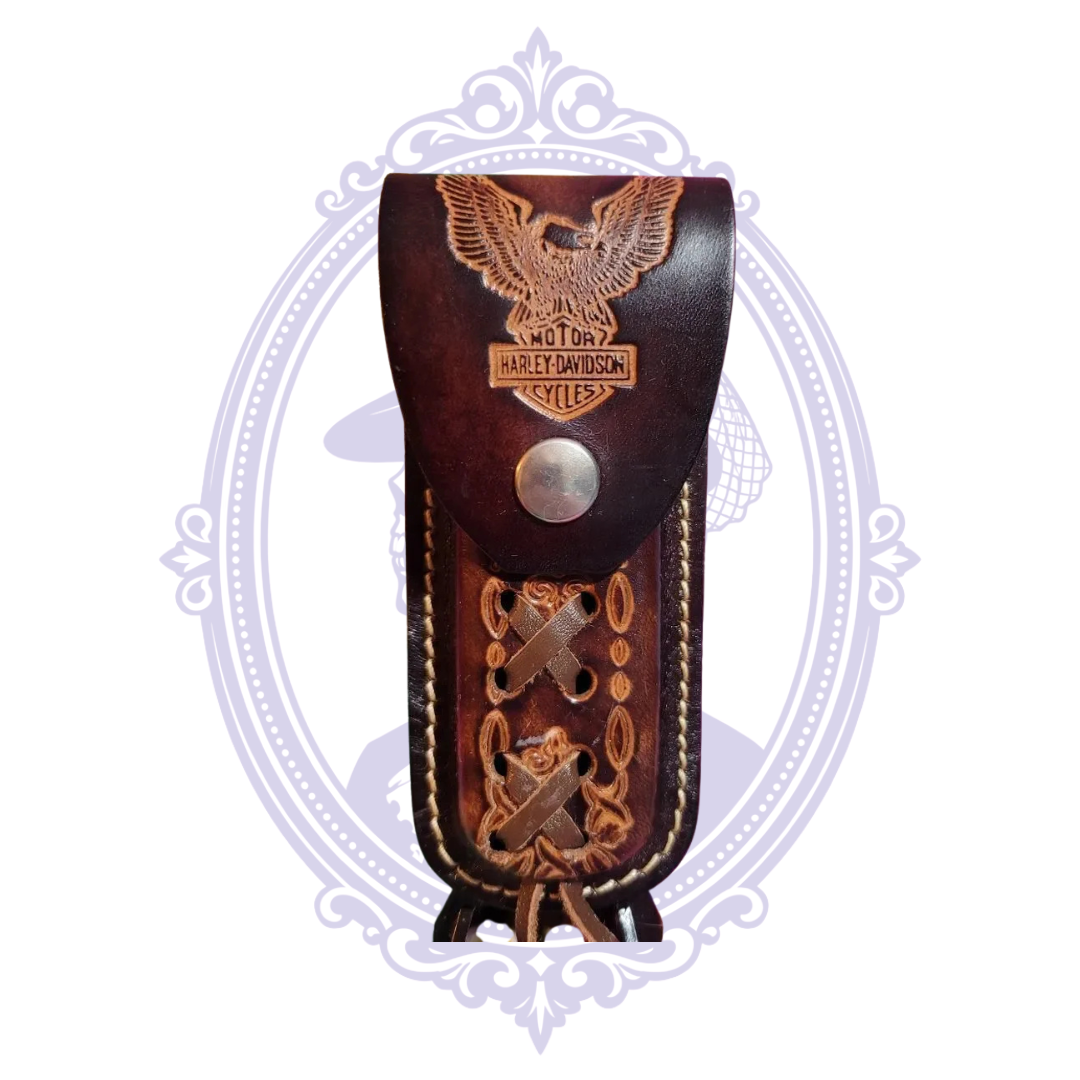 Harley-Davidson eagle tooled leather sheath close-up