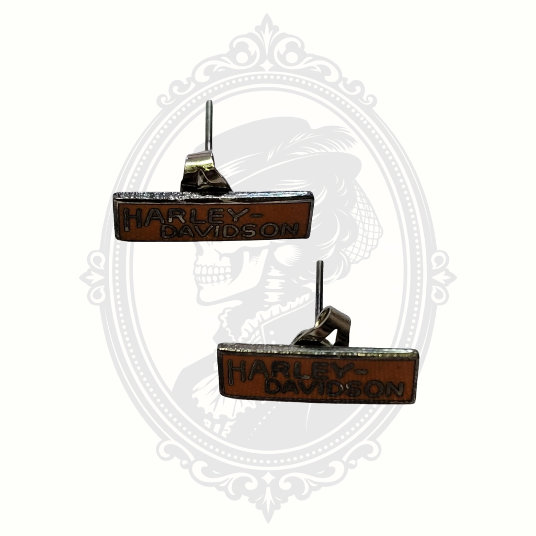 side angle Harley Davidson orange bar earrings