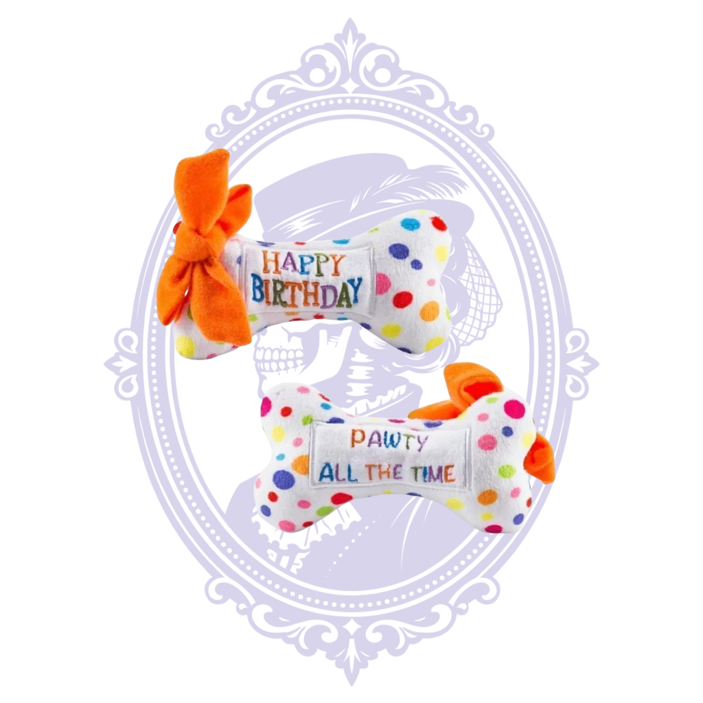 Happy Birthday and Pawty All the Time sides of polka dot plush dog bone