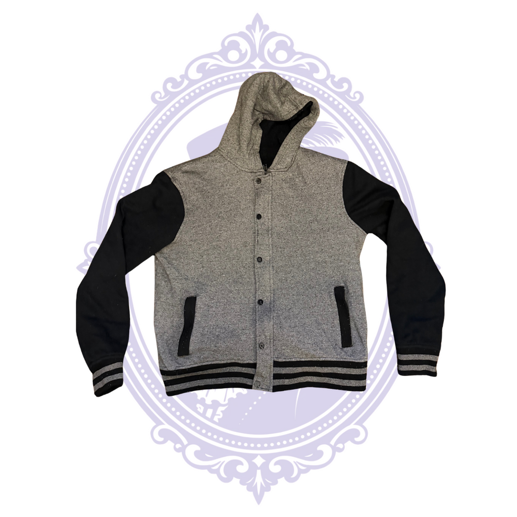 Front view of HAWK by Tony Hawk boys size Large gray and black hooded varsity-style jacket with snap front, contrasting black sleeves, and striped ribbed hem.