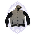 Front view of HAWK by Tony Hawk boys size Large gray and black hooded varsity-style jacket with snap front, contrasting black sleeves, and striped ribbed hem.