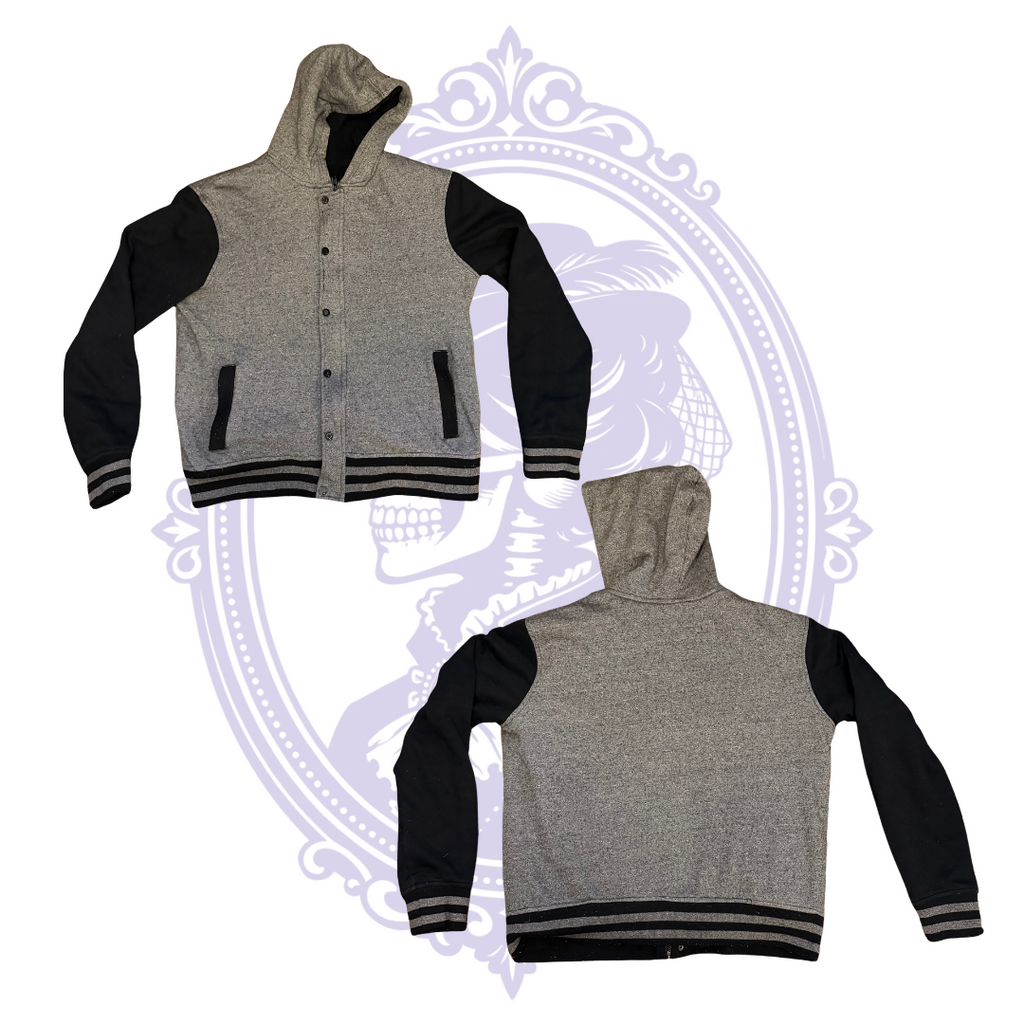 Front and back views of HAWK by Tony Hawk boys Large hooded varsity jacket, heather gray body, black sleeves, and striped waistband.