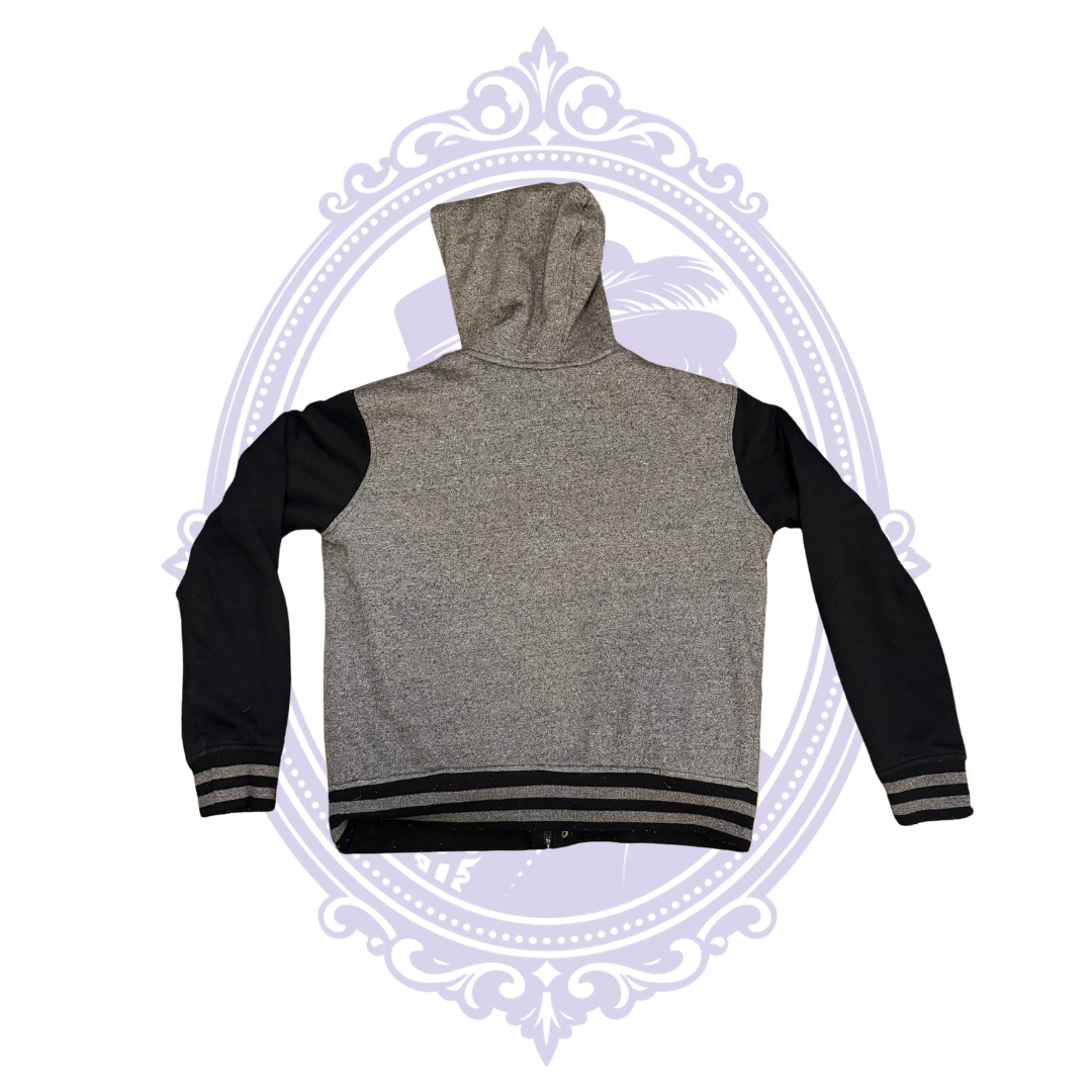 Back view of HAWK by Tony Hawk boys Large heather gray and black hooded varsity jacket showing plain gray back, black sleeves, and striped cuffs and hem.