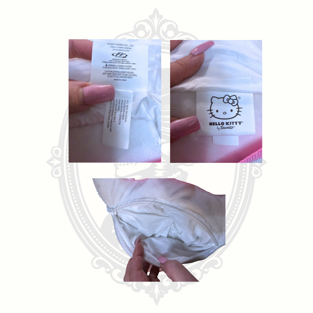 Hello Kitty by Sanrio label tag showing branding and manufacturing details