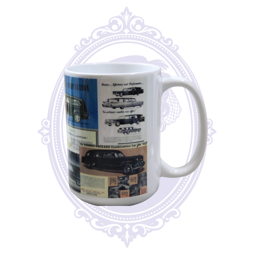 White ceramic coffee mug featuring vintage Packard and Henney automobile advertisements in a retro advertising collage.