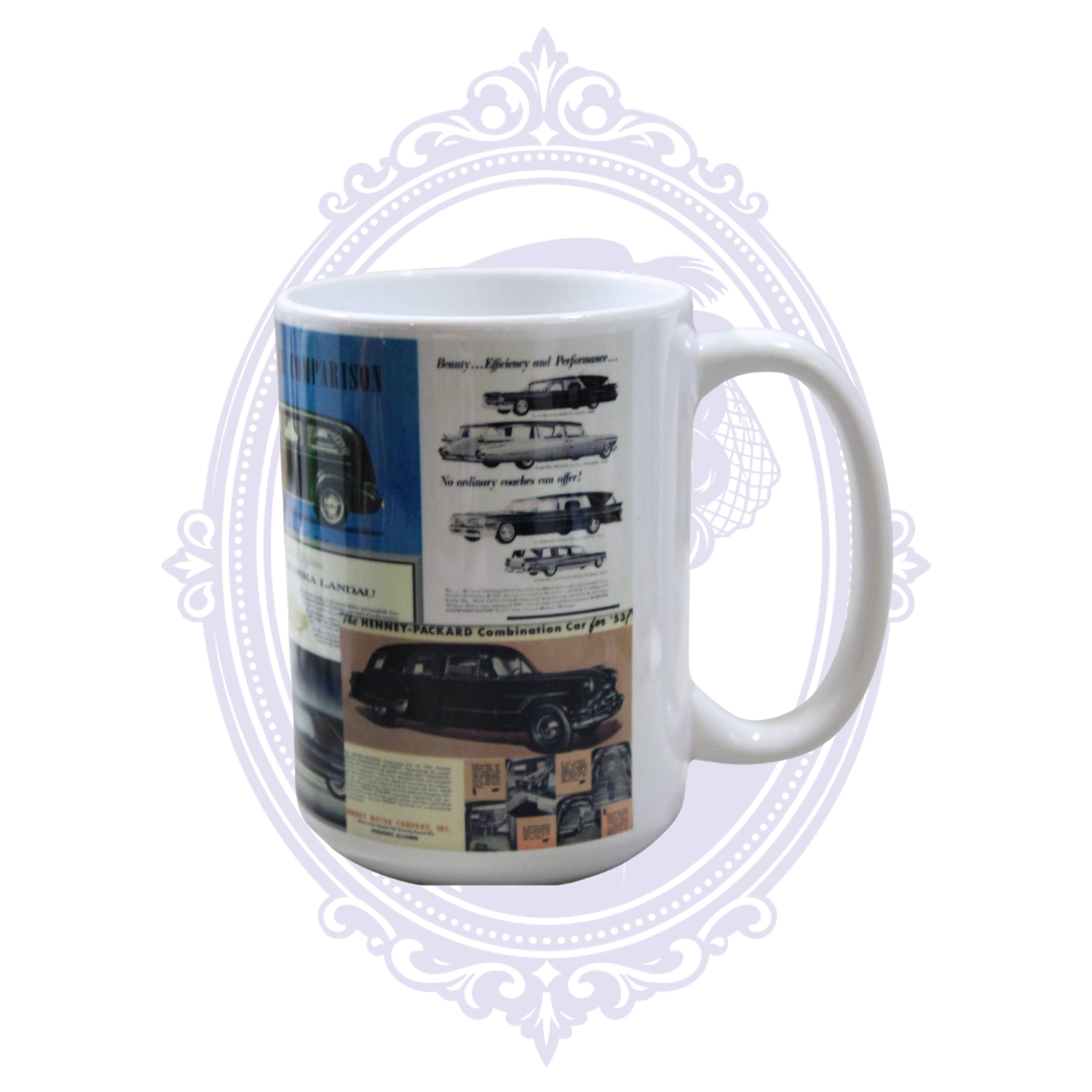 White ceramic coffee mug featuring vintage Packard and Henney automobile advertisements in a retro advertising collage.