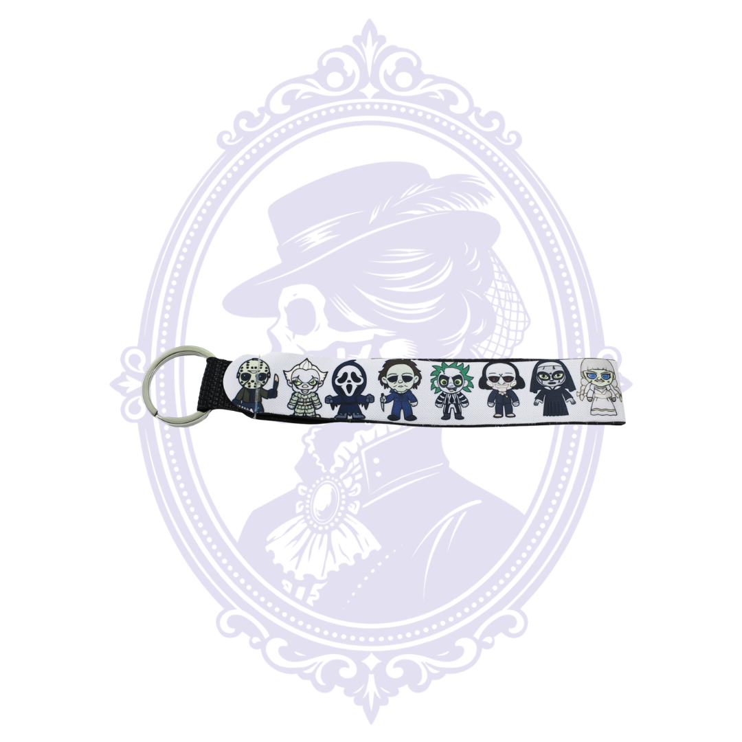 Horror movie icons wristlet keychain with white neoprene loop and silver-tone key ring