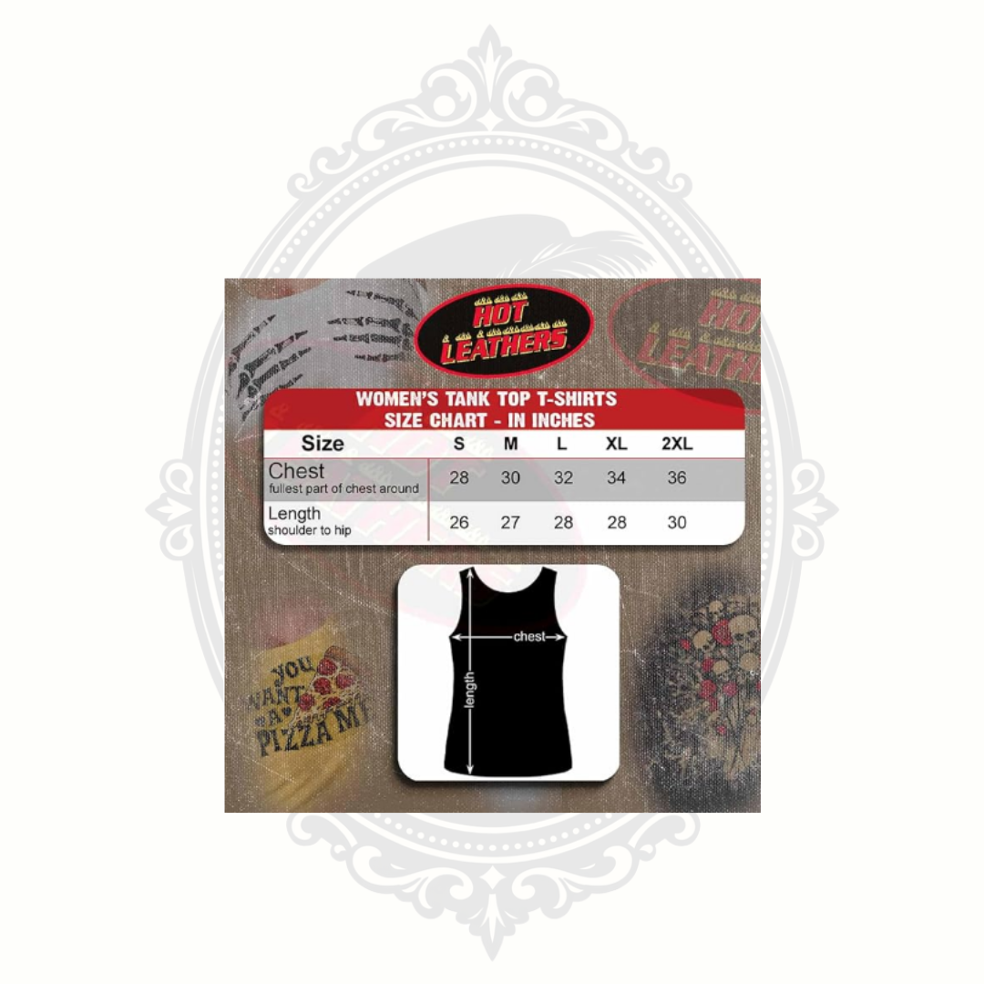 Hot Leathers women’s tank top size chart showing chest and length measurements