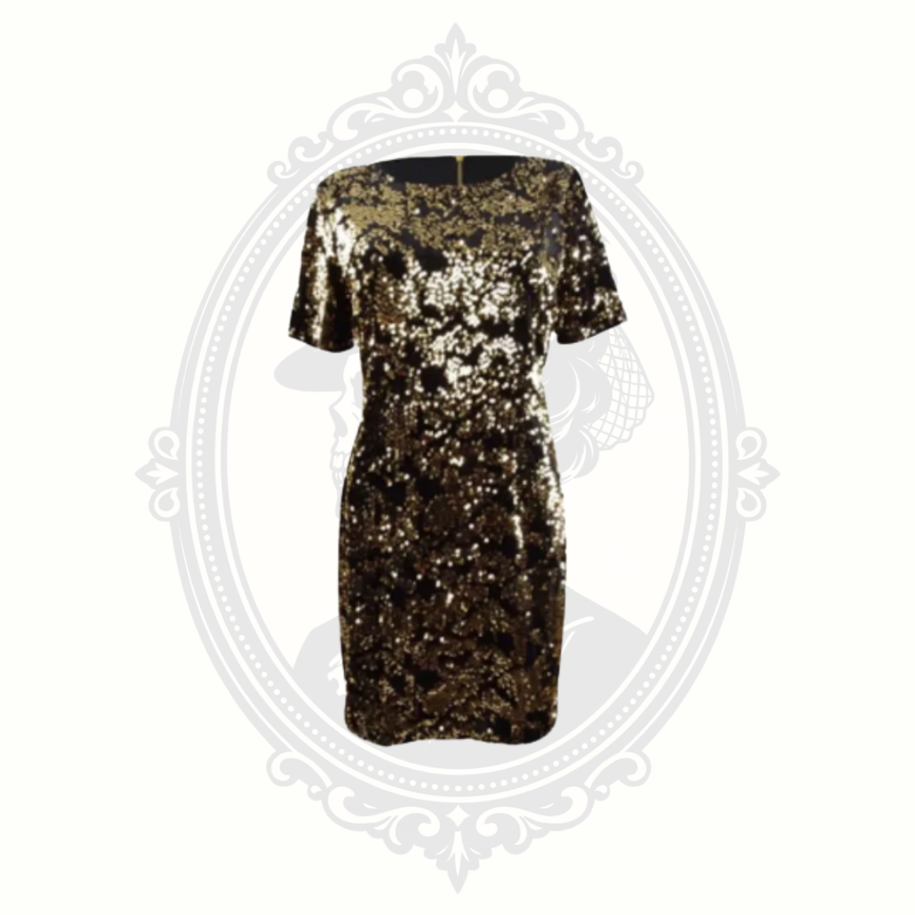 INC International Concepts gold sequin sheath dress in size medium with scoop neckline and allover shimmer detailing.