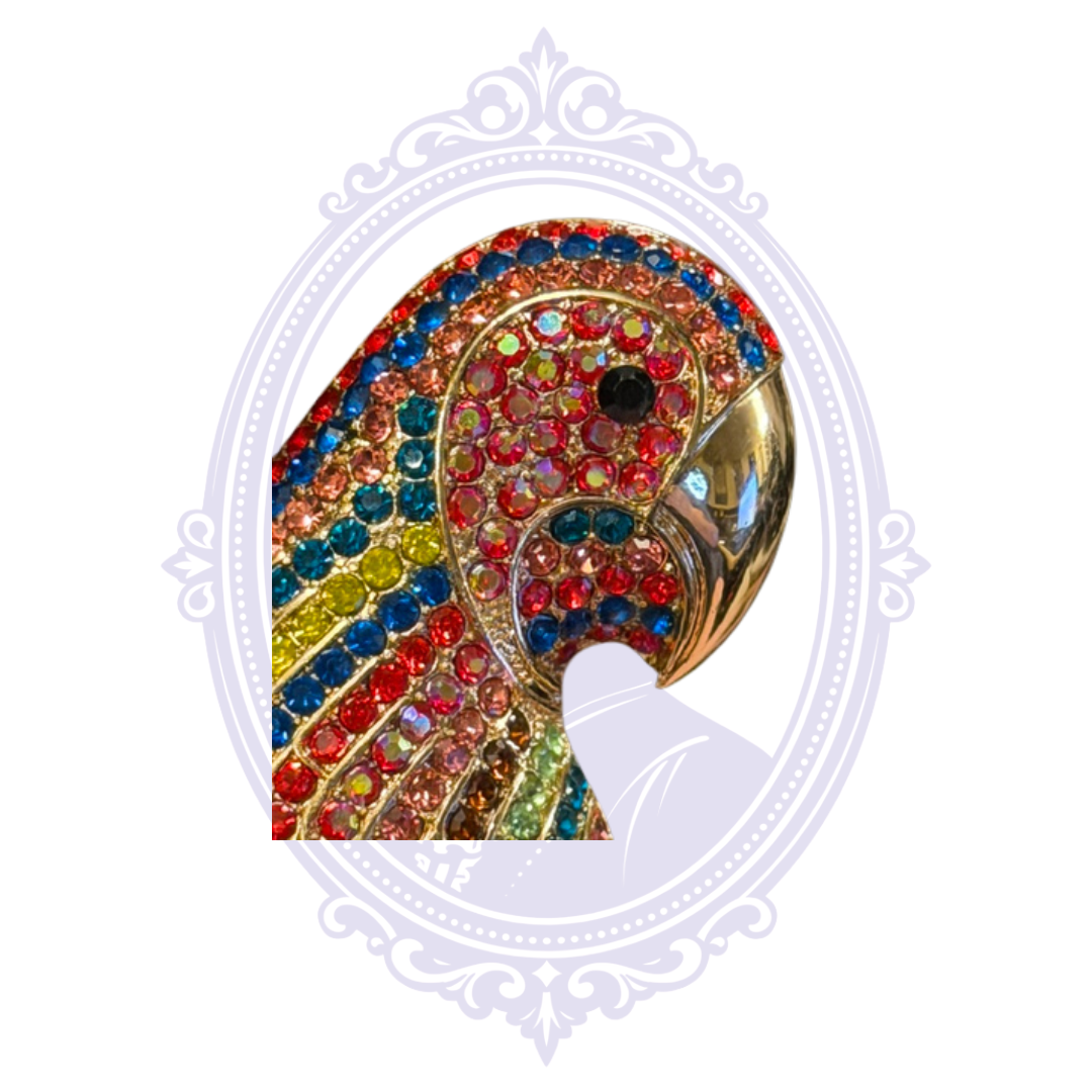 Oversized Multicolor Rhinestone Parrot Statement Brooch – Gold Tone