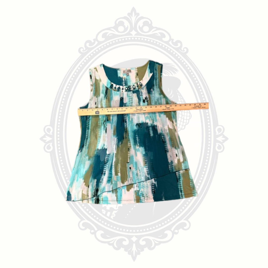 JM Collection Abstract Print Embellished Sleeveless Layered Tunic Top Size Large