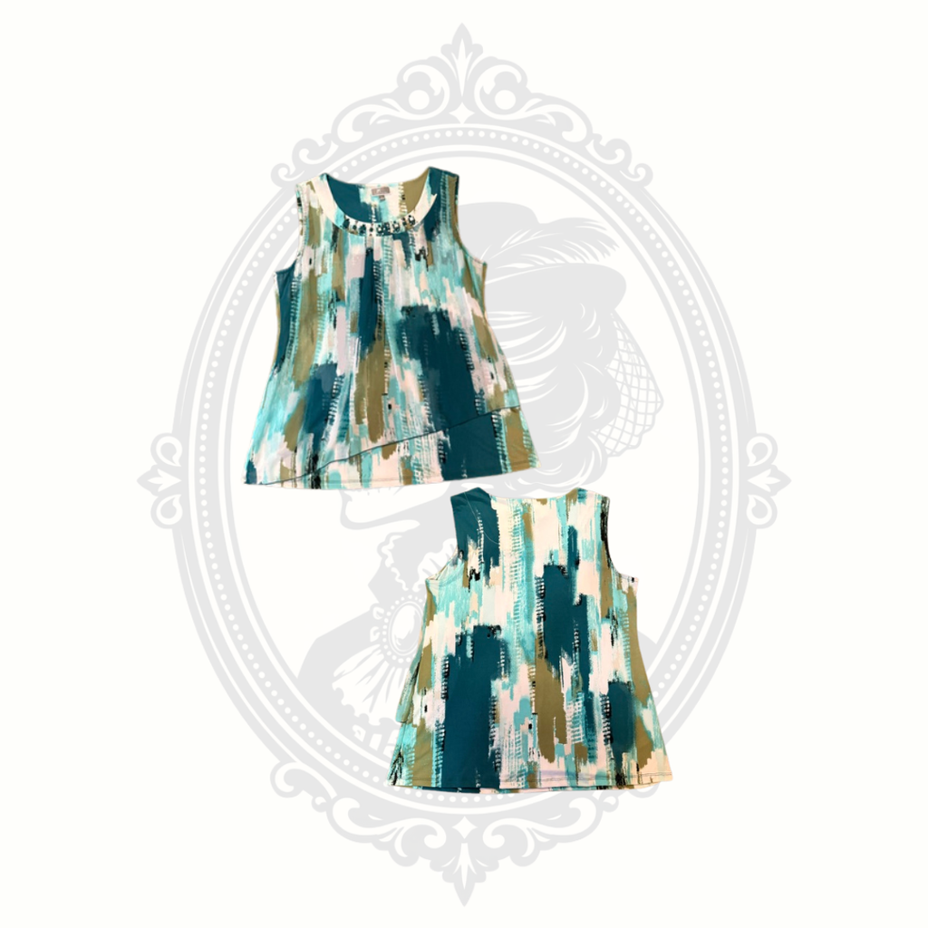 JM Collection Abstract Print Embellished Sleeveless Layered Tunic Top Size Large