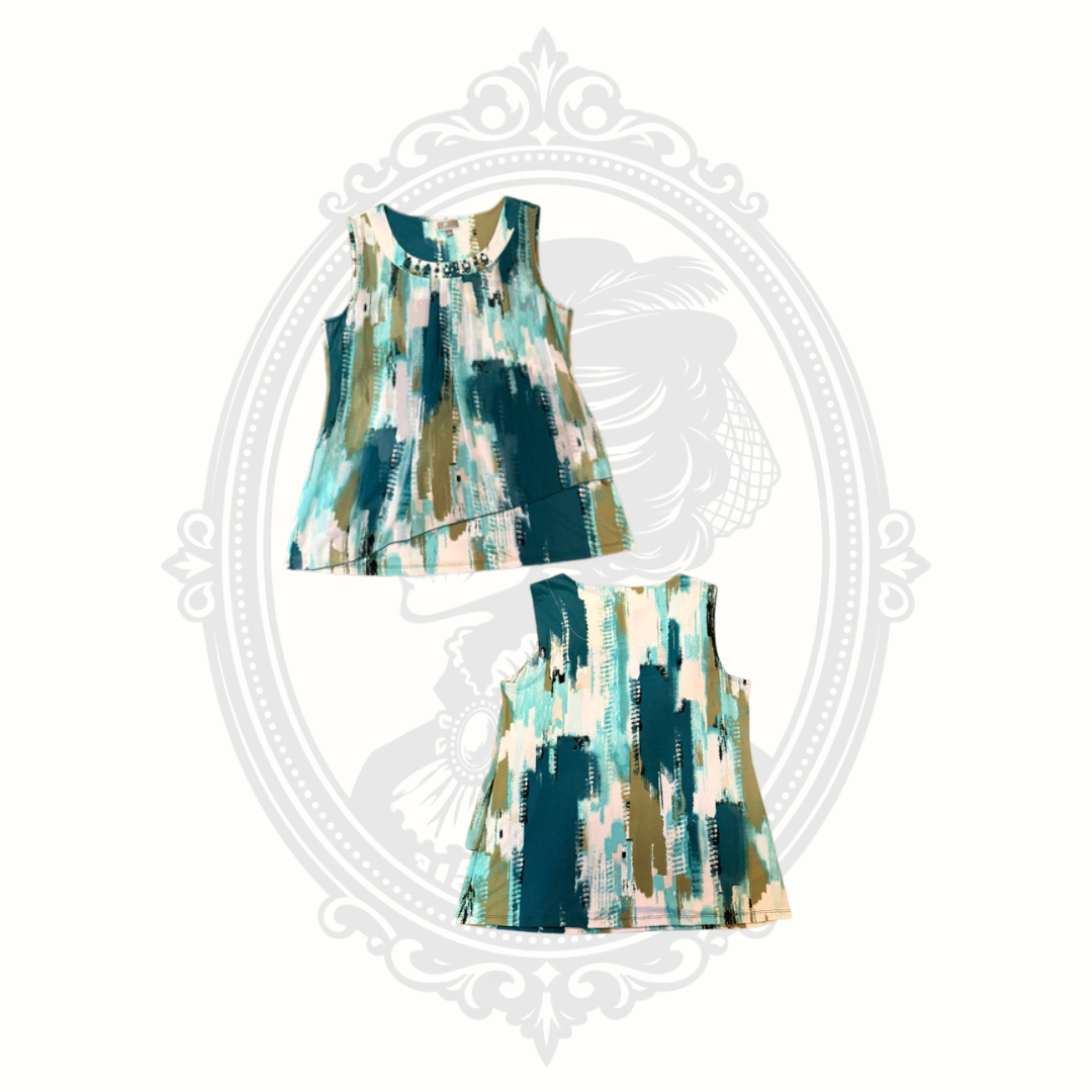 JM Collection Abstract Print Embellished Sleeveless Layered Tunic Top Size Large