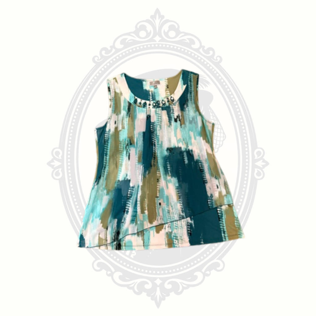 JM Collection Abstract Print Embellished Sleeveless Layered Tunic Top Size Large
