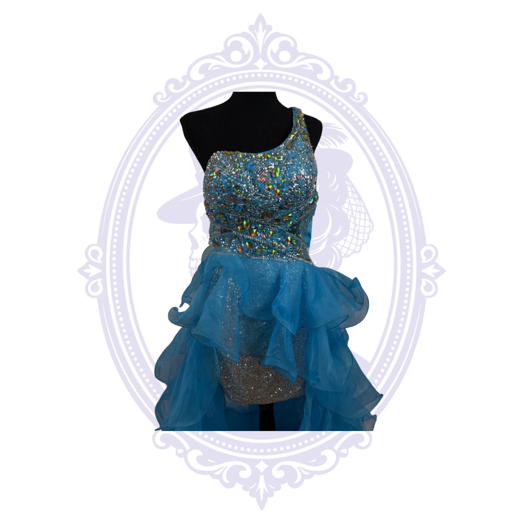 Jovani Electric Blue Crystal One-Shoulder High-Low Formal Gown Size 8