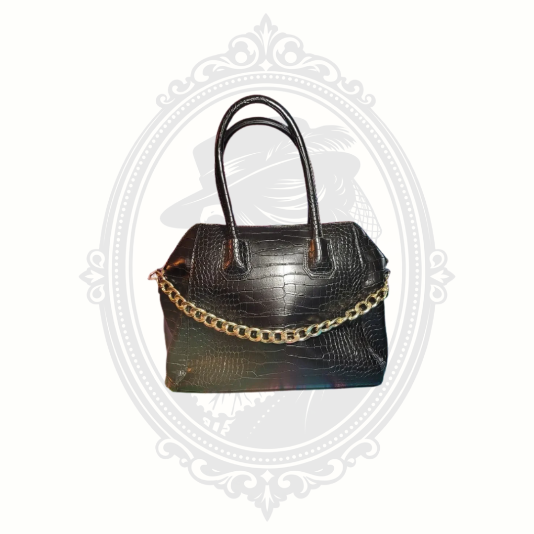 JustFab black croc embossed satchel with gold chain accent front view