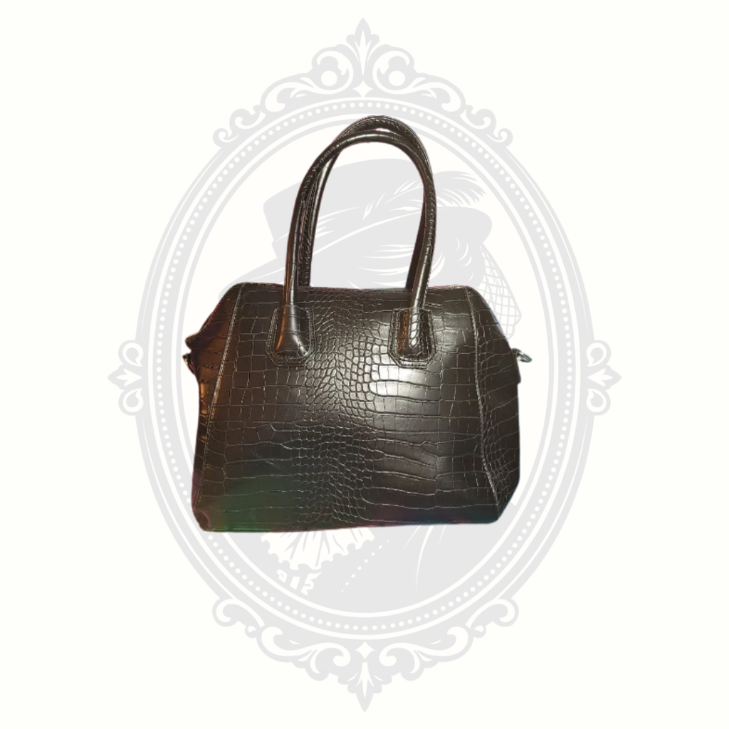JustFab black croc embossed satchel handbag back view structured shape