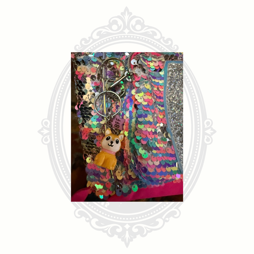 Justice Rainbow Reversible Sequin Mini Backpack with Glitter Letter E & BFF Charms