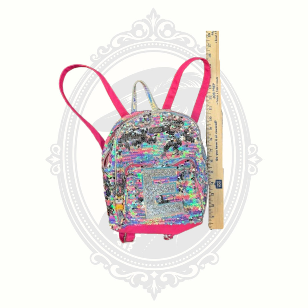 Justice Rainbow Reversible Sequin Mini Backpack with Glitter Letter E & BFF Charms